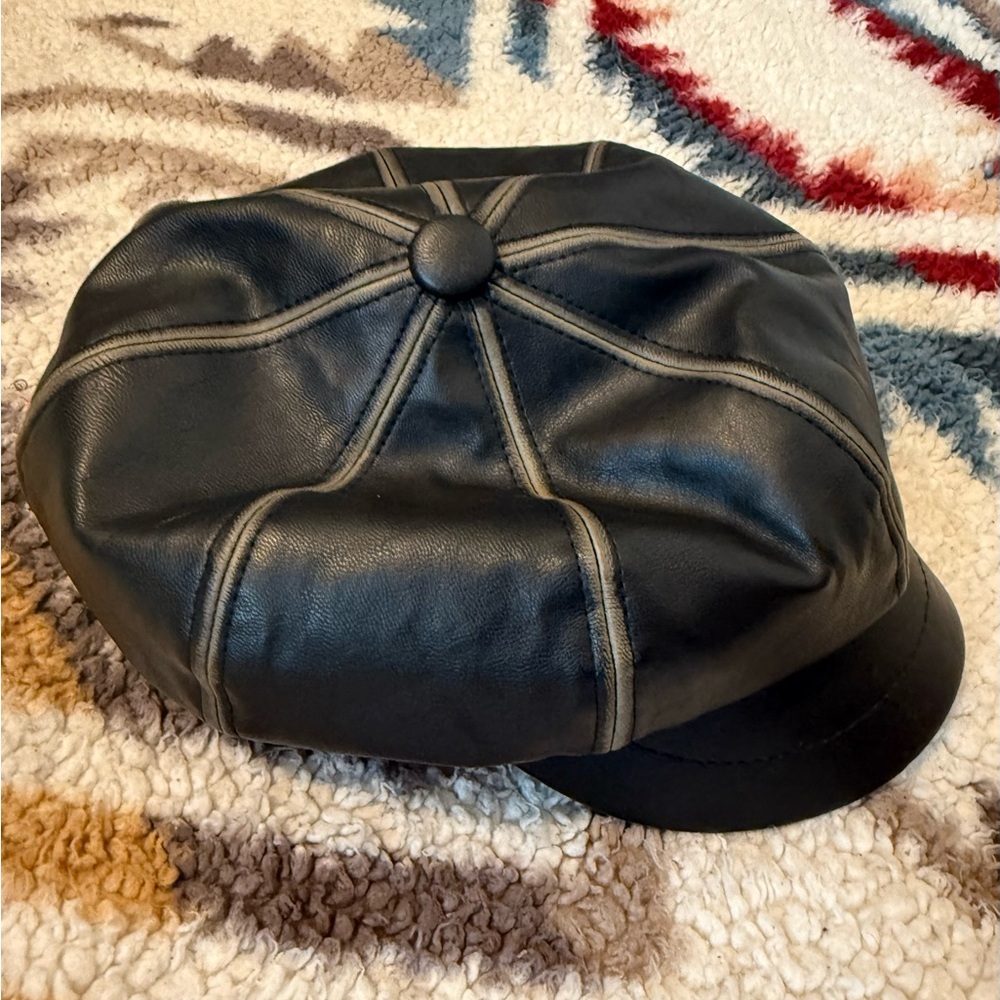 Black Leather Newsboy Cap